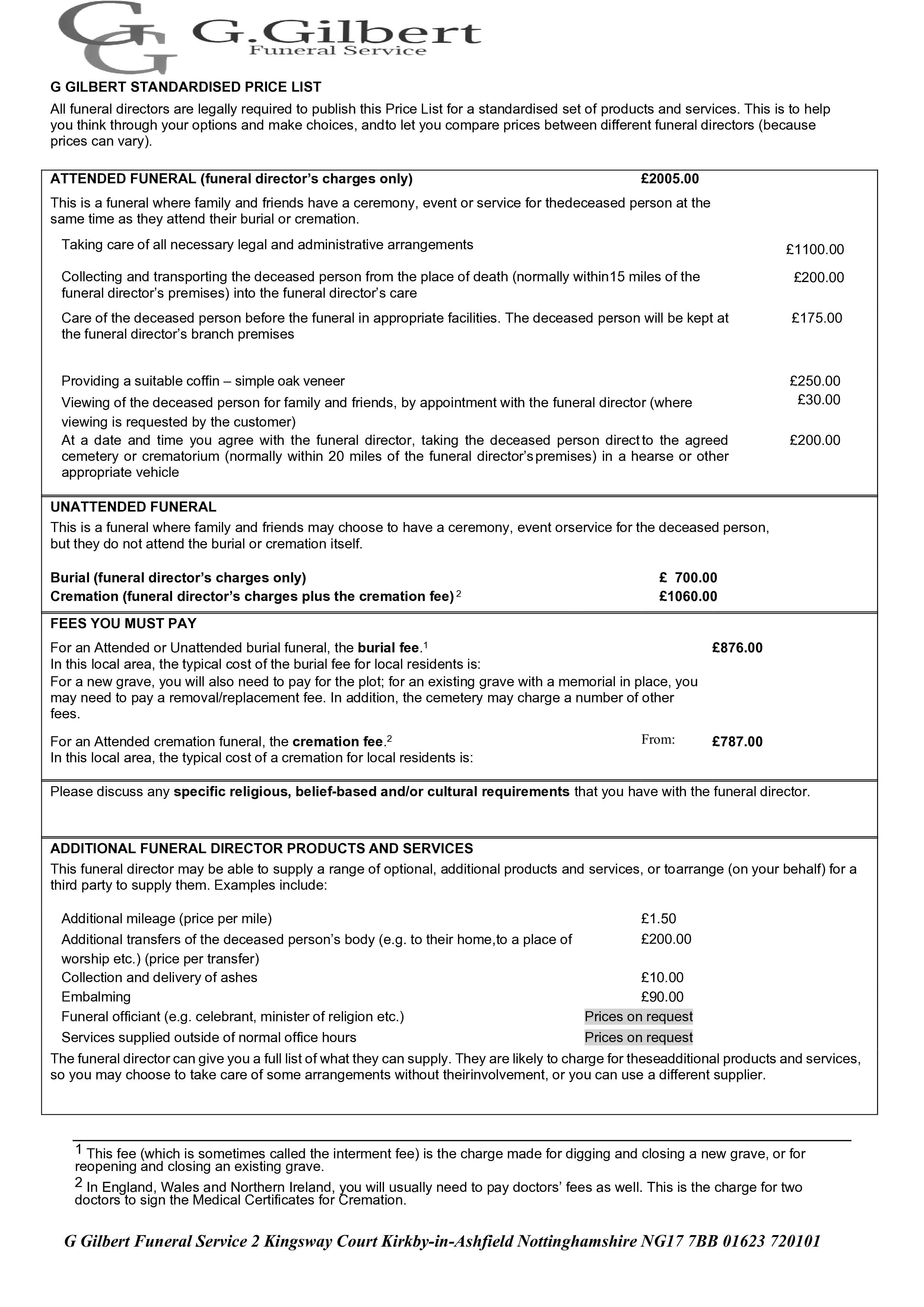 STANDARISED PRICE LIST